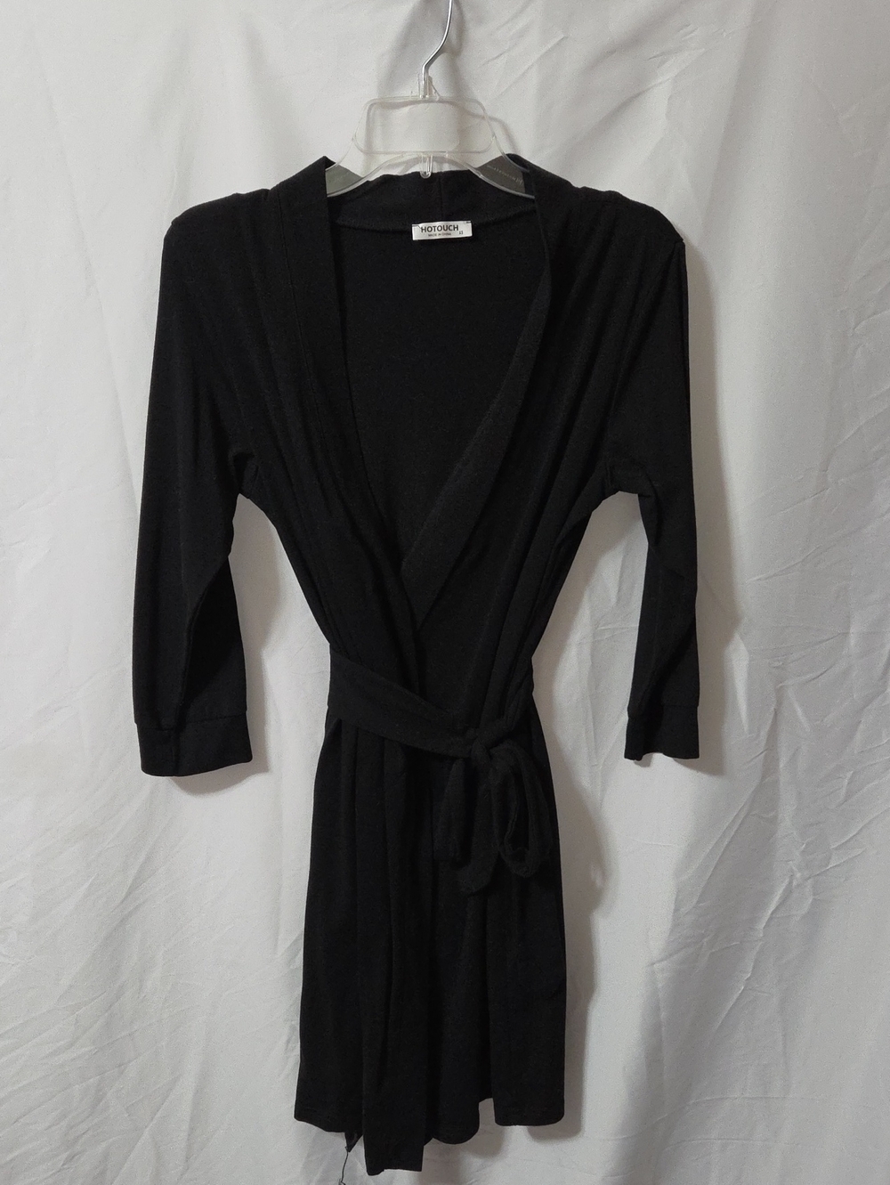 Classic Black Wrap Robe with Pockets & Attached Tie Belt, Size XS, Like New
